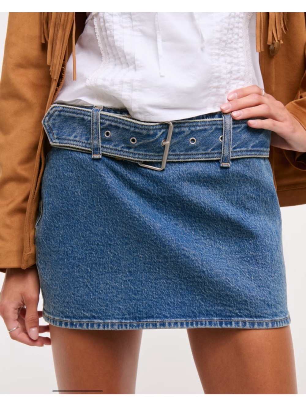 Belted denim mini skort